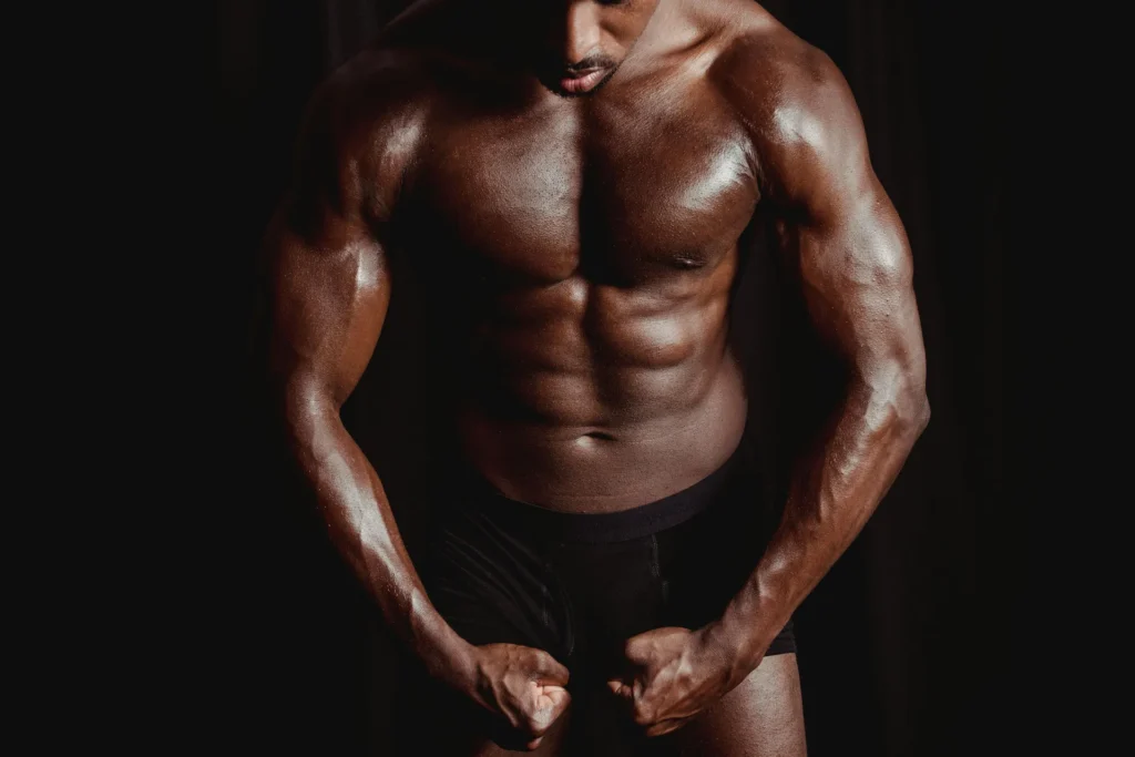 Man showing chest close-up to highlight inner chest workout and midline contraction.